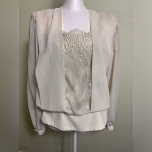 In The‎ Mood Vintage Women's Blouse Size 8 Ivory Long Sleeve Button Waist